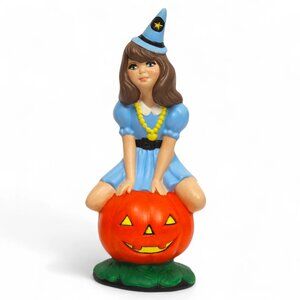 Vtg Atlantic Mold Ceramic Halloween Girl on Pumpkin Jack O Lantern Wizard Hat 8"